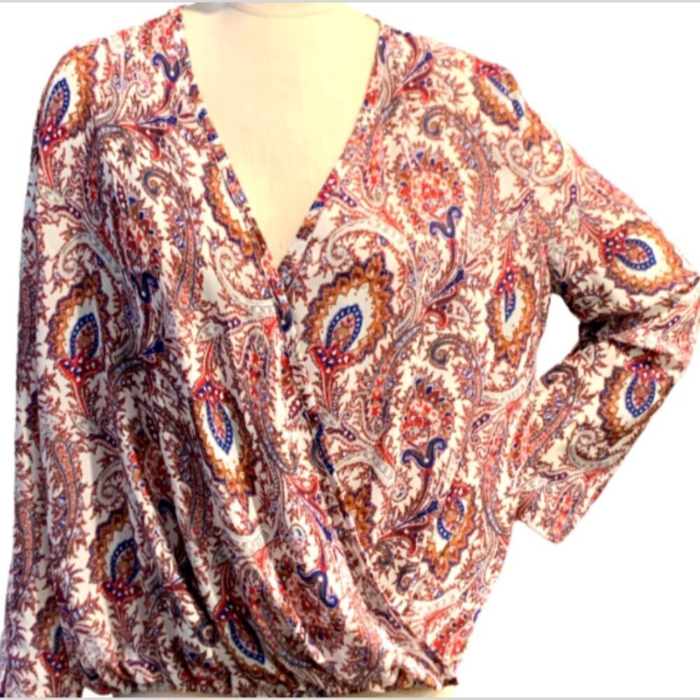 Rich Coco Surplice‎ Faux Wrap Top Paisley Roll Tab Long Sleeve Sz 12 #96L